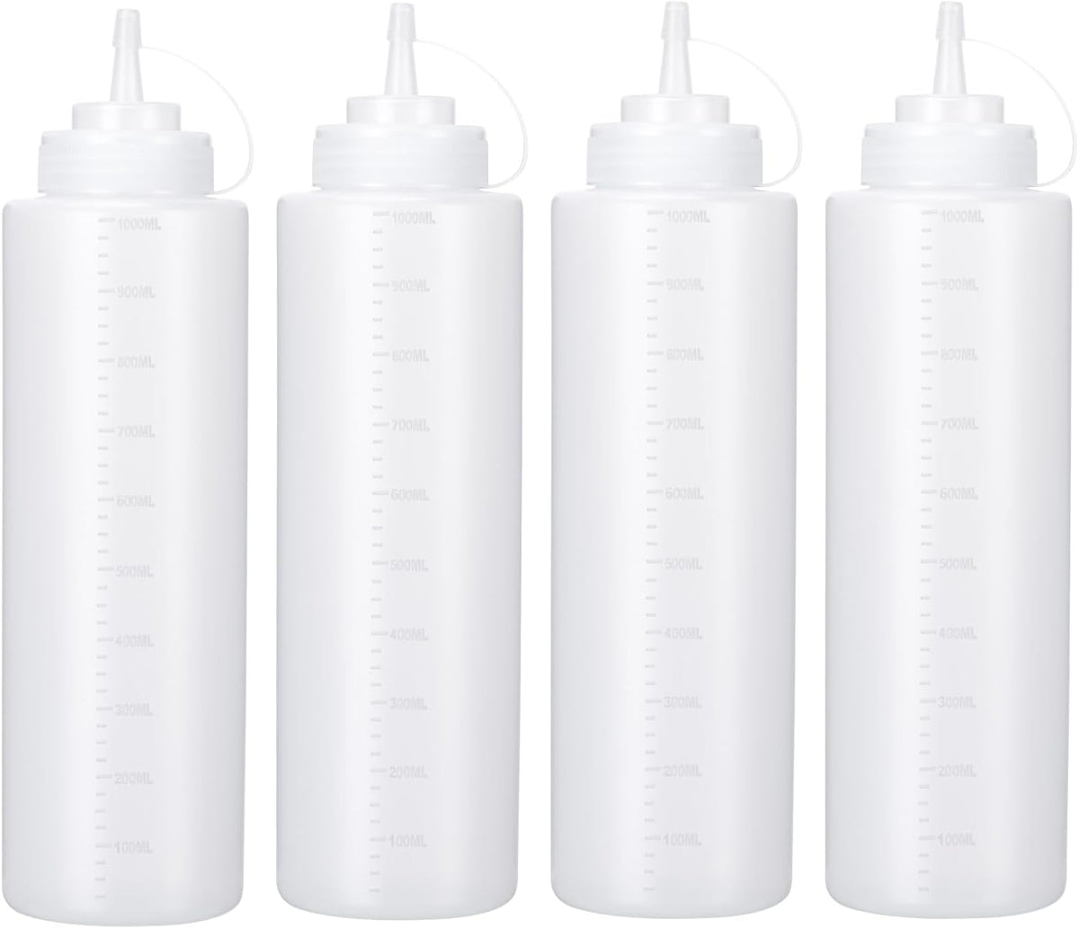 Condiment Squeeze Bottles Ketchup Dispenser, 4 Pack 32oz Squeeze Bottles for Liquids, Plastic Sauce Bottle with Cap Lid, Squirt Bottles for Sauces Liquids BBQ Dressing Pancake Art