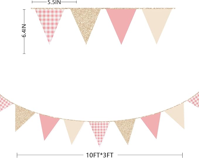 Dusty Rose Pink Buffalo Plaid Champagne Gold Party Decorations Pennant Banner Flag Hanging Glitter Paper Triangle Bunting for Women Girls Birthday Baby Shower Wedding Bridal Shower Hen Party Supplies