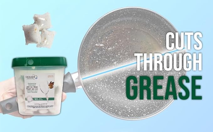 Excelsior HE All-In-One Dishwasher Detergent Pods includes 90 Dishwasher pods with built-in rinse aid for an amazing shine & leaving a gentle citrus scent