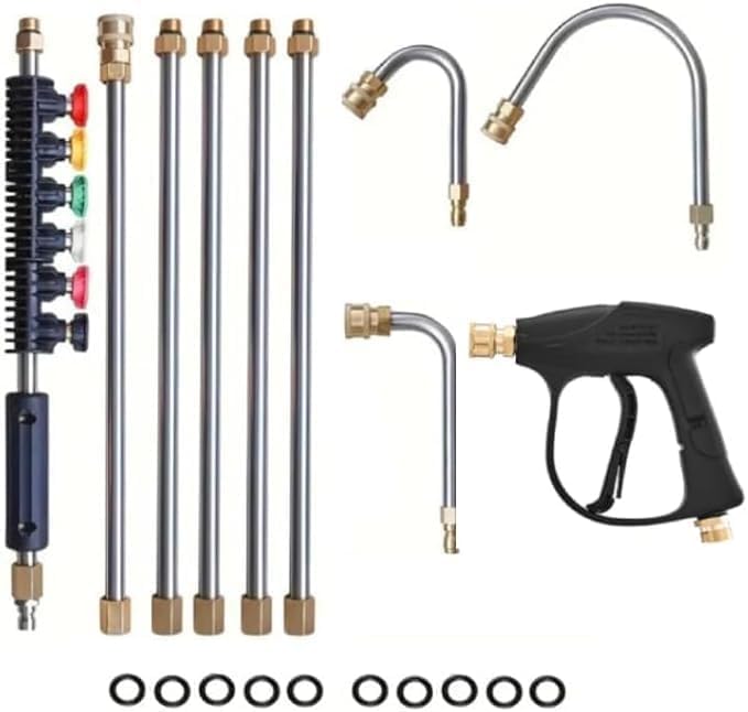 Washer Extension Wand Set, Pressure Washer Tips 9 PCS Gutter Cleaning Tools with 6 Nozzle Tips, 30°,90°,120° Curved Rod, 1/4" Quick Connect, 4000 PSI (9 piece pole set++Water Gun)