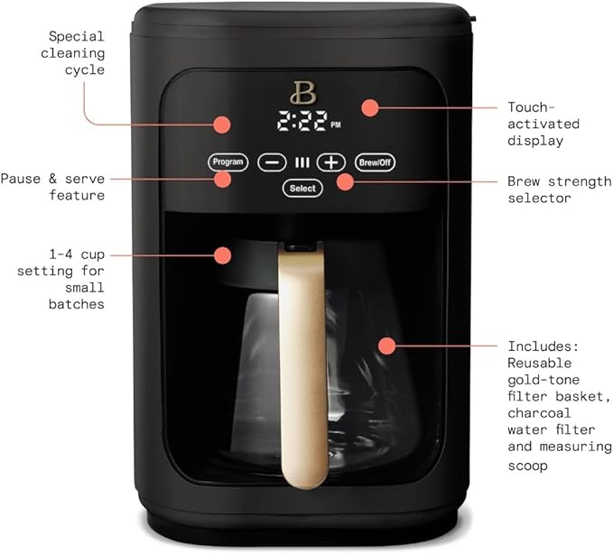 Beautiful Coffee Maker, 14-Cup, Touch Display, Programmable, 1200W, Stainless Steel, Keep Warm, 24h Timer dishwasher-safe (Black Sesame)
