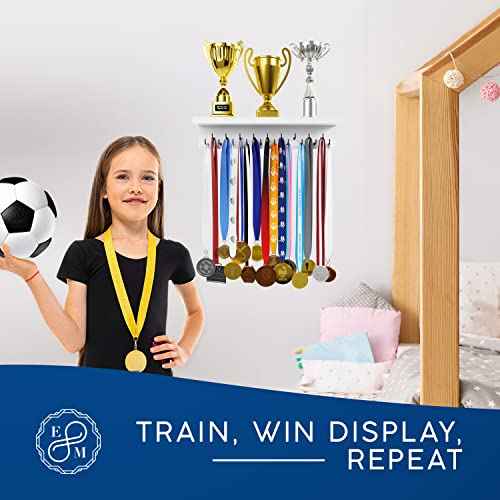 EVERMORE Medal Hanger Display and Trophy Shelf with Hooks - Wooden Medal Holder for Wall Mount Ribbon Display, Trophy Display Shelf for Gymnastics, Soccer, Running Race Medals Awards Rack