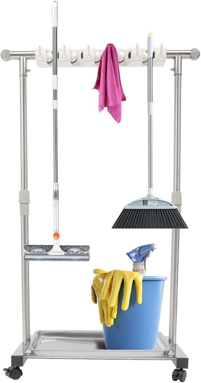 Broom Holder Organizer Movable Closet Storage Cabinet Mop Rack, Floor Standing Cleaning Supplies Tool Cart For Garage, Schools, Hotels, Hospitals, Factories, Restaurant(6 Hook & 5 Slots)