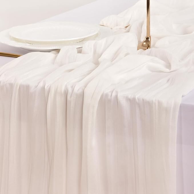 Socomi 3pcs Ivory White Cheesecloth Table Runner Fall Thanksgiving Boho Rustic Gauze 120 inch 10FT Cheese Cloth Runner for Wedding Party Baby Shower Birthday Home Decor Holiday Decorations