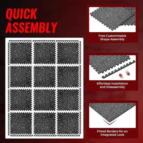 SUPERJARE 0.56'' Thick 12 Pcs 48 Sq Ft Rubber Top Exercise Equipment Mats, High Density EVA Foam Mats with Rubber Top, Interlocking Gym Flooring for Home Gym, Protective Workout Mat, Black/Grey