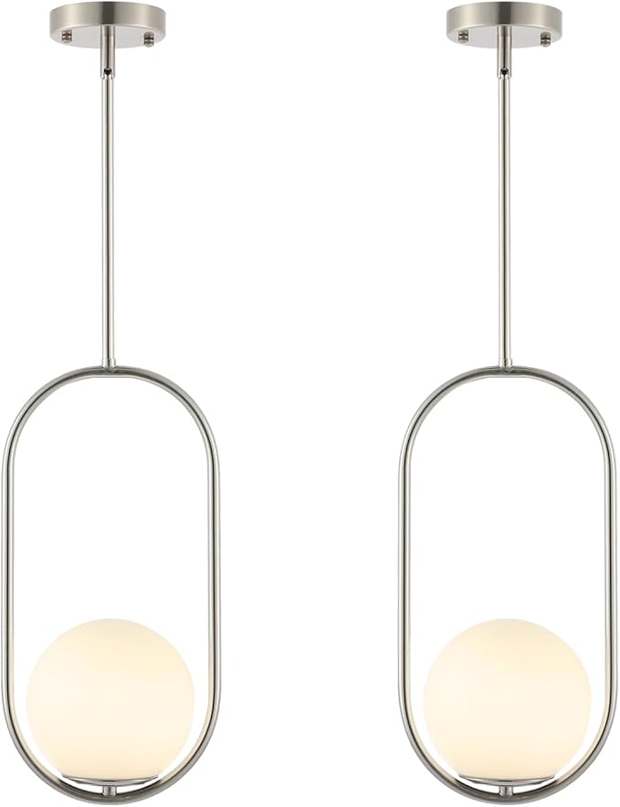 Modern Globe Pendant Light Brushed Nickel Chandelier 1-Light Mid Century Ceiling Hanging Lighting Fixture White Globe Glass Shades for Kitchen Island Dining Room Bedroom (2 Pack)
