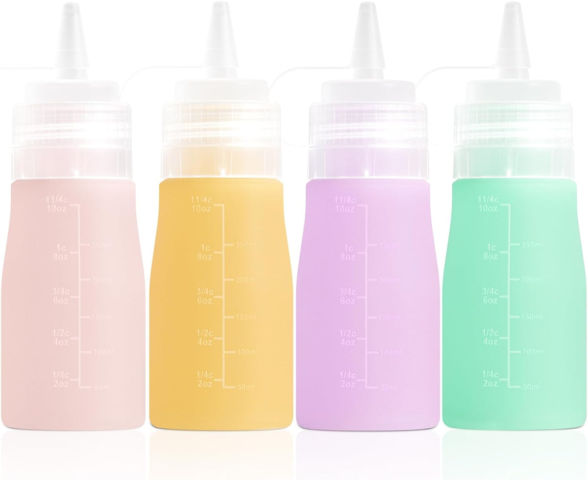 Condiment Squeeze Bottles, 12 oz Silicone Squeeze Bottles For Sauces, Leak Proof Condiment Containers with Extra Interchangeable lid, Easy Squeeze for Oil, Honey & Dressings, BPA FREE (4 Pack)