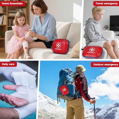 Small First Aid Kit - 185 Pieces Waterproof Emergency Kit for Home, Car, Office, Travel, Camping, Hiking & Outdoor - Portable Hard Case Survival Kit with Premium Supplies(Blue/Red)
