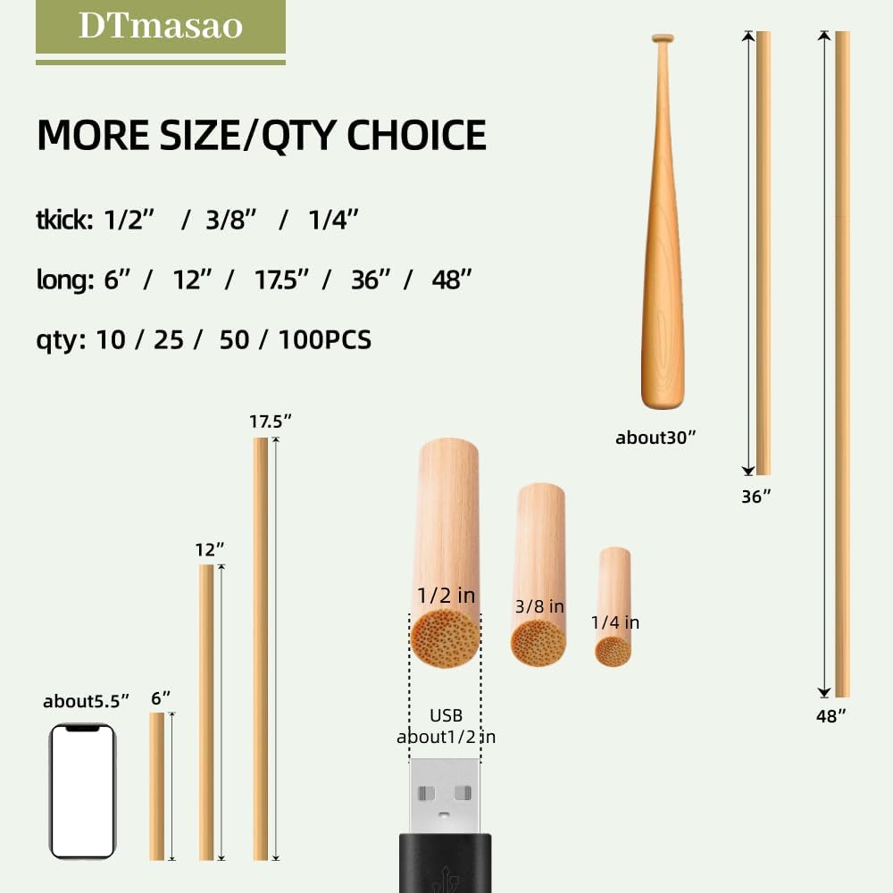 1/2 x 17.5 Inch 25 PCS Dowel Rods Wood Sticks Wooden Dowel Rods - Unfinished Bamboo Sticks - for Crafts and DIYers