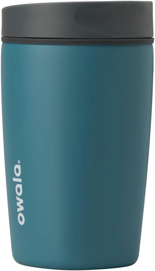 Owala SmoothSip Slider Insulated Stainless Steel Coffee Tumbler, Reusable Iced Coffee Cup, Hot Coffee Travel Mug, BPA Free 12 oz, Grey/Blue (High Dive)