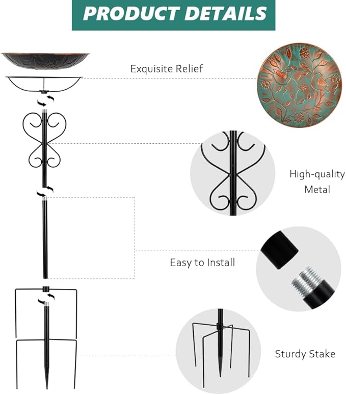 Metal Outdoor Bird Bath,Standing BirdBath & Bird Feeder with Stake Cast Iron Bird Baths Bowl for Outside Garden Patio Yard Lawn Decor