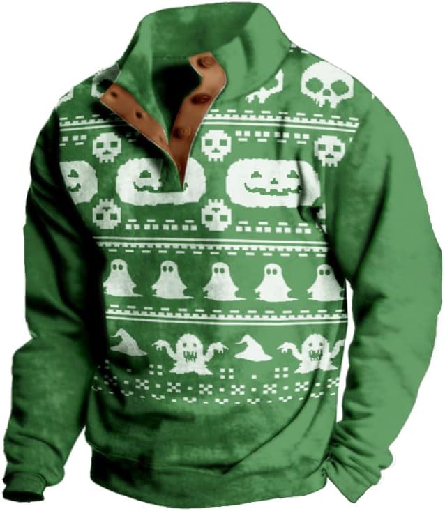 Mens Western Halloween Hoodie Button Up Henley Shirt Cowboys Sweatshirt Men Graphic Long Sleeve Pullover Tops