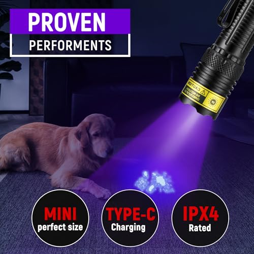 UV Flashlight Black Light USB Rechargeable 395nm Blacklight Mini, Wood's Lamp Portable Handheld Powerful LED Ultraviolet Lights Flashlights, for Resin Curing, Uranium Glass, Pet Dog Urine Detection