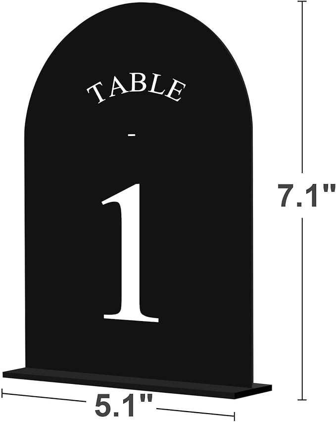 JOYIT Arch Wedding Table Numbers 1-50 with Stands Double-Sided Printed 5" X 7" Acrylic Table Signs with Black Background White Text, Perfect for Wedding Receptions, Parties