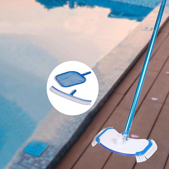 Swimming Pool Cleaning Kit, White Blue ABS PP Aluminum Portable, Adjustable Hose 59-177in, Vacuum Head, Leaf Skimmer, Wall Brush, Scrubber Pad, Easy Maintenance for Above Ground Pool