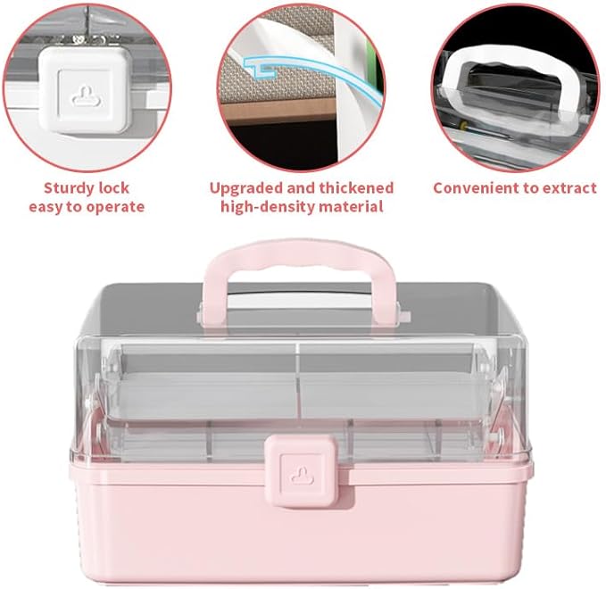 12.9in Three-Layer Multipurpose Storage Box with Handle Portable Tackle Box Folding Art & Craft Case Sewing Supplies Organizer for Makeup, Medicine, Nail, Hair Accessories (Haze Green)