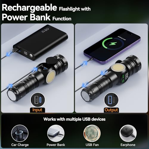 Flashlight Rechargeable 2000 High Lumens Ultra-Bright Covers 3200 ft©÷ Focus Up to 3900 feet,IPX7 Waterproof Tactical LED Flashlight with COB SideLight & Magnetic Base for Camping Home Emergency