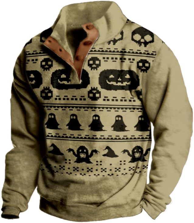 Mens Western Halloween Hoodie Button Up Henley Shirt Cowboys Sweatshirt Men Graphic Long Sleeve Pullover Tops