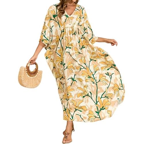 MAKABO Kaftan Dresses for Women, Summer Hawaii Swimsuit Cover Up, V Neck Caftan Beach Vacation Print Dress