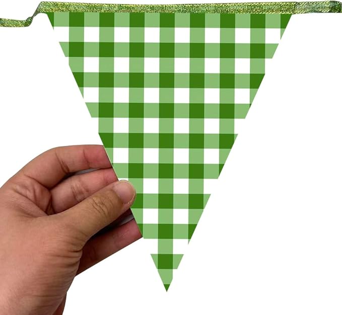 Glitter Green Party Pennant Banner Flag Green Buffalo Plaid Hanging Paper Triangle Bunting for Birthday Baby Shower Christmas Holiday Wedding Bridal Shower St Patrick's Day Party Decorations Supplies
