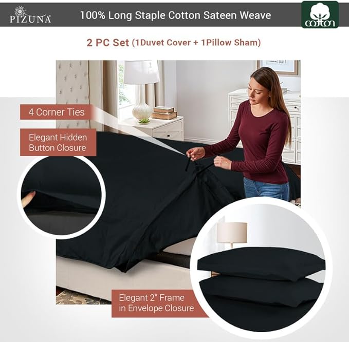 Pizuna Pure 100% Cotton Twin Duvet Cover Set, Luxurious 400 Thread Count Long Staple Cotton Sateen Weave with Button Closure (Combed Black Cotton Duvet Cover Twin)