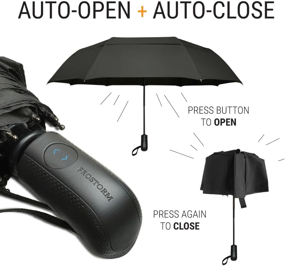Prostorm Vented Travel Umbrella - Compact Windproof Design with Auto Open/Close | Deep Dome Coverage