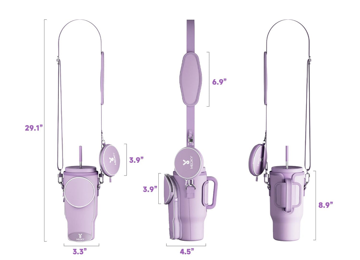 Meoky Water Bottle Carrier Bag with Phone Pocket for 40 oz Tumbler with Handle, Neoprene Water Bottle Holder Pouch with Adjustable Strap, 2 Carabiner Clips (Lilac)