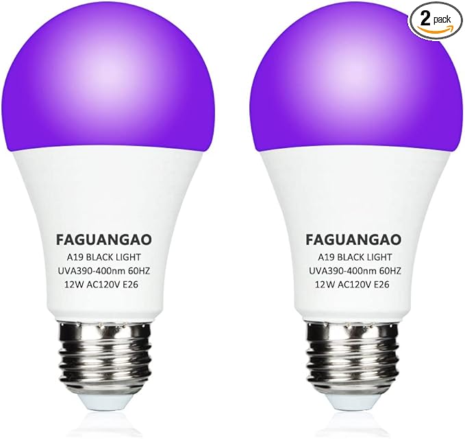 FAGUANGAO LED Black Light Bulb,12W(100Watt Equivalent) A19 UV Blacklight Bulb,120V,UVA Level 390-400nm,E26 Medium Base,Glow in The Dark for Blacklight Party,Fluorescent Poster,Neon Glow(2 Pack)