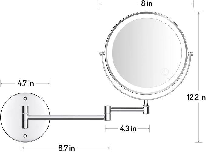 Rocollos Rechargeable Wall Mounted Lighted Makeup Mirror, 8 Inch Double-Sided