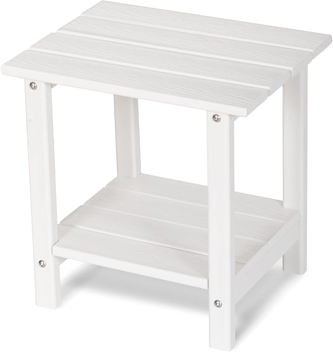 2 Tier Outdoor Side Table with Wood-Like Grain, 16.6" HDPE Adirondack Table Patio Side Table, Weather Resistant End Table for Pool, Patio & Porch, Small Outdoor Table (White, Rectangle)