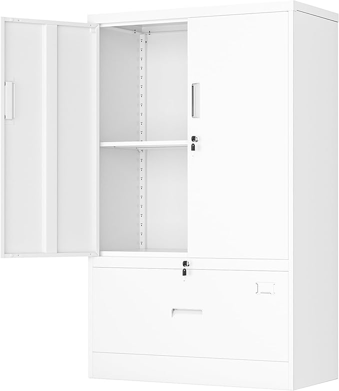 INTERGREAT Metal Storage Cabinet with Drawer,52" H*32" W*16" D File Cabinets,Steel Locking Storage Cabinet with Doors and Shelves for Home,Office,Garage,School,Fit A4/Letter/Legal File (White)