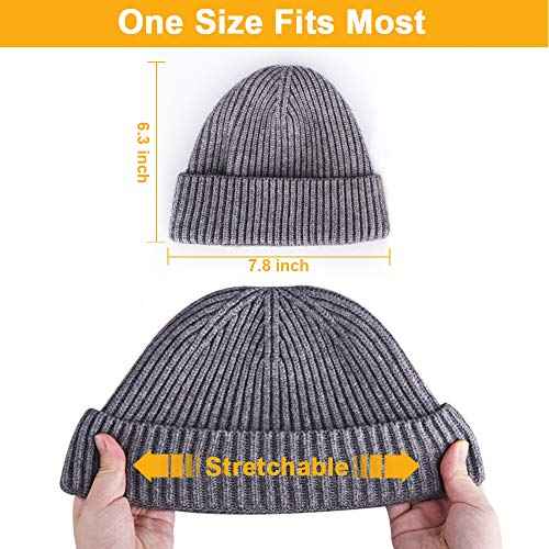 3 Pack Wool Fisherman Beanies for Men, Short Knit Watch Cap Cuffed Trawler Hats