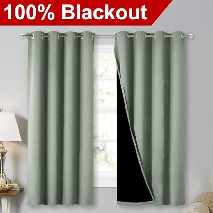NICETOWN Greyish Green 100% Blackout Lined Curtains, 2 Thick Layers Completely