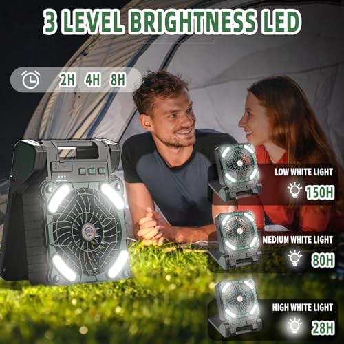 Solar Powered Portable Camping Fan,10400mAh rechargeable Solar Power Cordless Battery Fan with LED Lantern | 4 Wind Speeds Adjustable | 3 Timers Modes | Quiet , Perfect for Tent, Fishing ,Picnic