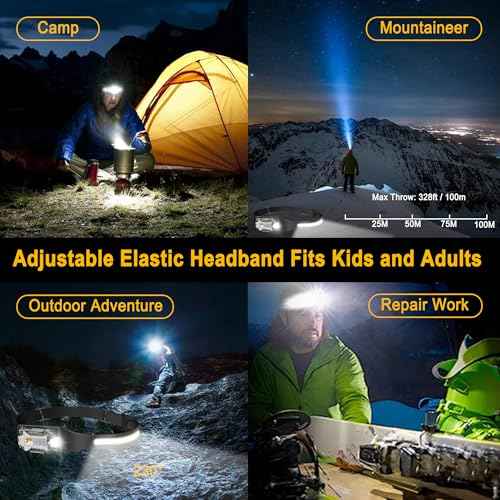 Head Lamp Led Rechargeable, 230¡Æ Wide Beam Sensing COB Headlamp Flashlight Detachable, 9 Light Modes, Hard Hat Lamp, IP65 Waterproof 400 Lumens for Camping, Hiking, Fishing, Working, Gift (Black)