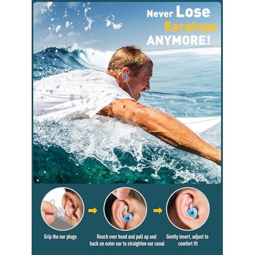 Ear Plugs for Swimming Surfing with Lanyard, Block Out Water Let Sound in, Reusable Comfy Custom-fit Swim Waterproof earplugs Men Women for Swimmer Shower Pool Bath Water Sports