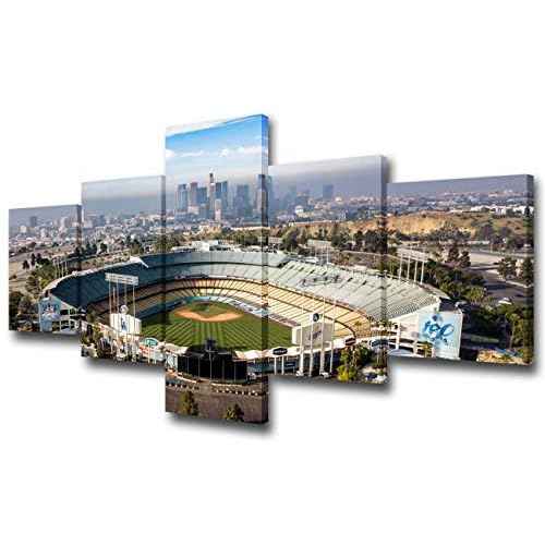 Los Angeles, California - The Famous Dodger Stadium with Downtown LA in the Background Pictures for Living Room 5 Piece Canvas Wall Art Modern Artwork Home Decor Stretched Ready to Hang - 50''Wx24''H