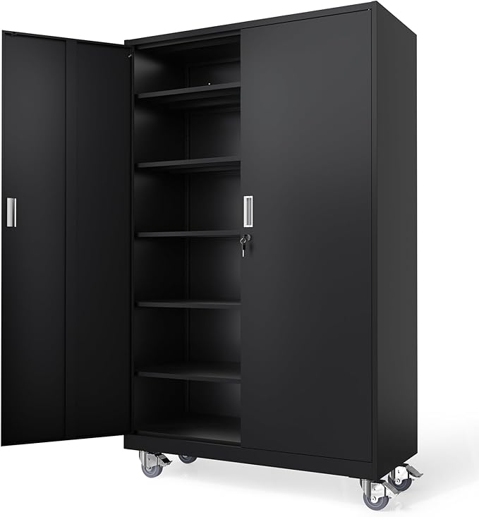 VINGLI Large Metal Storage Cabinet with 2 Doors and 5 Adjustable Shelves, Upgraded Height & Wide & Deep, 43''W x 20''D x 72''H, Oversized Garage Storage Cabinet with Wheels and Locks (Black)