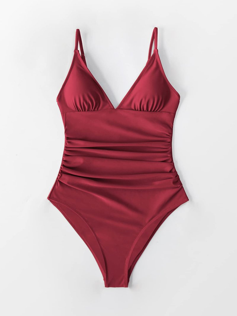 CUPSHE Women's One Piece Swimsuit Shirring Design V Neck Low Back Bathing Suit, Burgundy, L