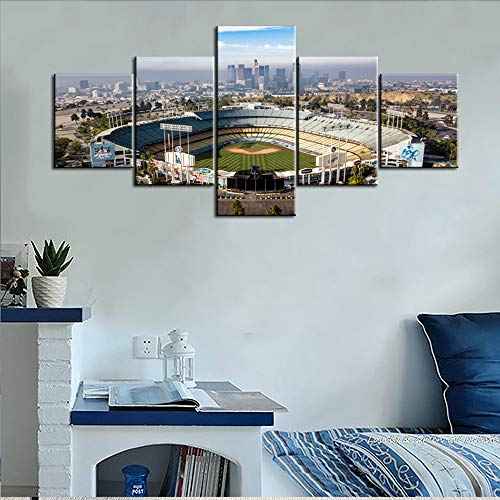 Los Angeles, California - The Famous Dodger Stadium with Downtown LA in the Background Pictures for Living Room 5 Piece Canvas Wall Art Modern Artwork Home Decor Stretched Ready to Hang - 50''Wx24''H