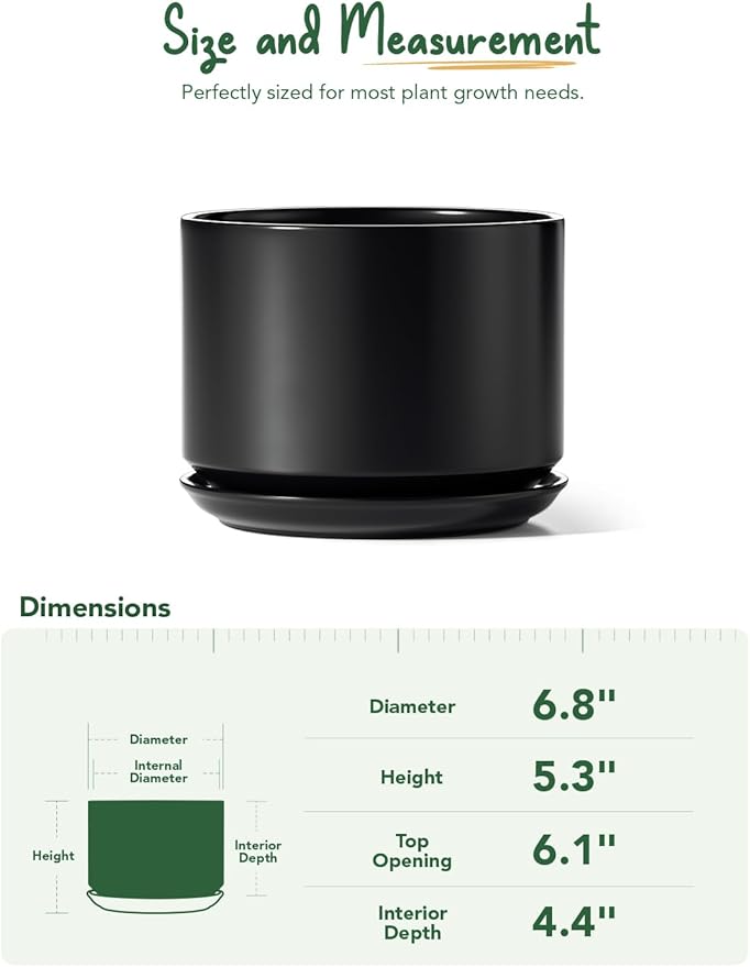 LE TAUCI Ceramic Pots for Plants, 6.8 Inch Plant Pots with Drainage Hole & Saucer, Modern Planter for Indoor Plants, Stable & Durable, Perfect for Living Room or Office Decor, Black