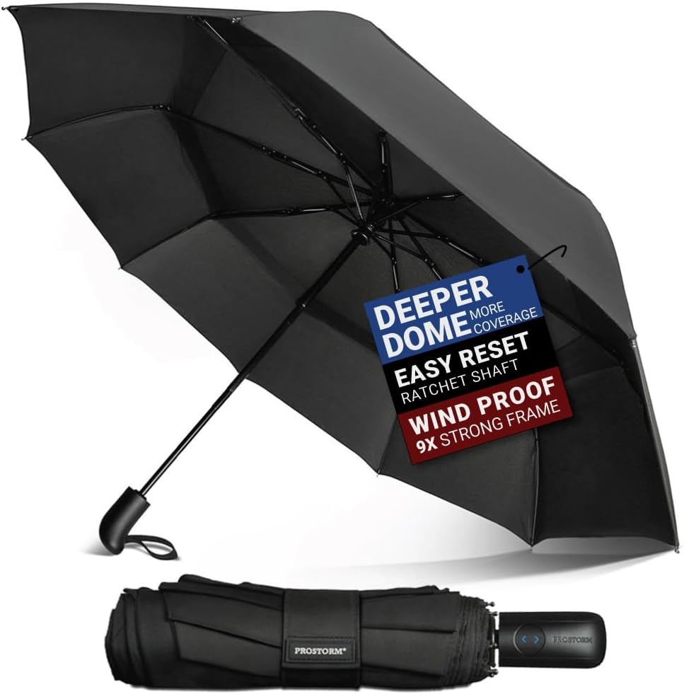 Prostorm Vented Travel Umbrella - Compact Windproof Design with Auto Open/Close | Deep Dome Coverage