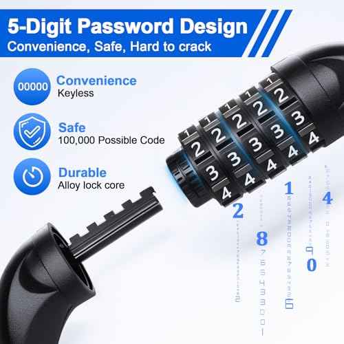 NDakter Bike Lock, 5 Digit Combination Heavy Duty Anti Theft Bicycle Chain Lock, 2.62/3.2/4.27/5/6Ft Long, High Security Resettable, Suitable for Bike, Scooter, Door, Gate, Fence-4/6mm Thick