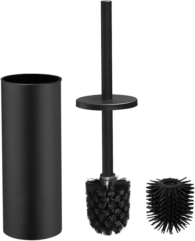 Toilet Bowl Brush Stainless Steel Black Toilet Brush and Holder Set Premium Toilet Brush Freestanding Includes 2 Brush Heads - Enclosed Concealed Design (Black)