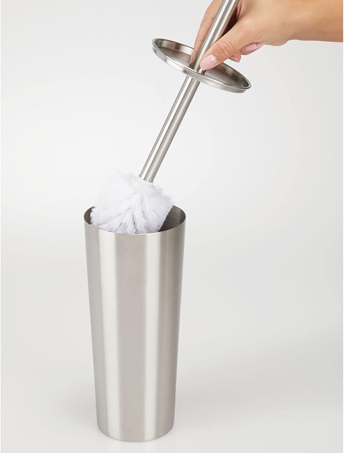 mDesign Modern Compact Freestanding MetalToilet Bowl Brush and Rectangle Open Wastebasket Garbage Can Combo Set for Bathroom Storage - Sturdy, Deep Cleaning - Set of 2 - Stainless Steel