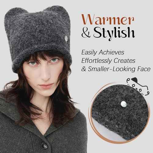 Ababalaya Women's Wool Beanie Cute Cat Ear Beanies Y2K Beanie Hat with 3D Ear