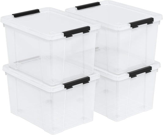 Set of 4 34 L Stackable Plastic Storage Bins with Latching Lids and Wheels, Clear Home Organization Container Box, See-Through