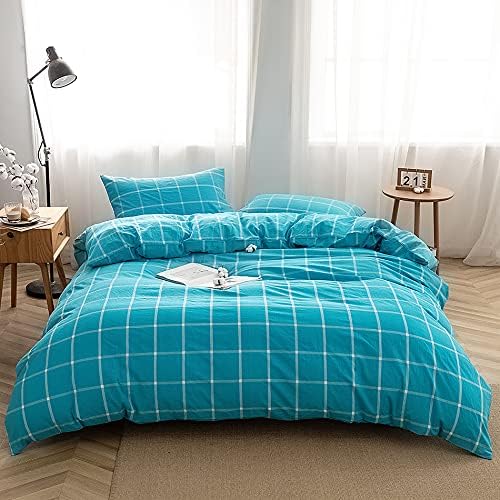 FACE TWO FACE Bedding Duvet Cover Set100% Washed Cotton Duvet Cover Linen Like Textured Breathable Durable Soft Comfy (Full, Turquoise Grid)