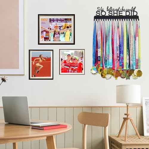 Goutoports Medal Holder Display Hanger - She Believed She Could She Did - Personalized Medal Wall Hanger for Sport Race Runner Sturdy Black Steel Metal Over 60 Medals Easy to Install