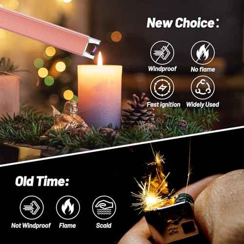 Candle Lighter, Windproof Electric Lighter with Safety Lock, USB Type-C, Rechargeable Lighter with Led Display, lighters for Candle BBQ Camping Festivals (Rose Gold)